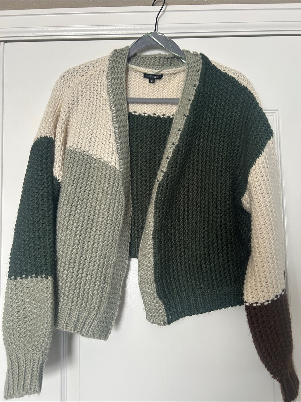 Papermoon Colorblock Open-Front Cardigan in Dark Green, Cream & Brown